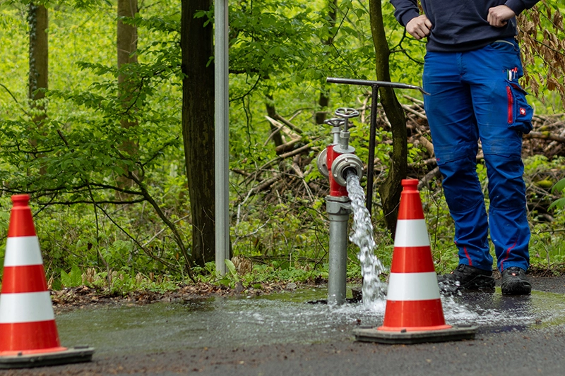 Zu sehen ist ein Standrohr im Einsatz auf der Straße.